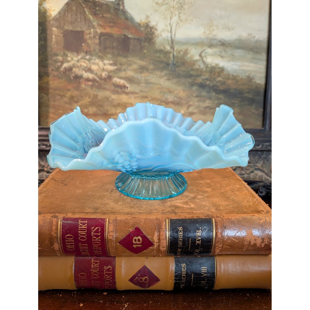 Fenton Blue Opalescent Vintage Grape Ruffled Glass Compote Candy Dish 9x3.5